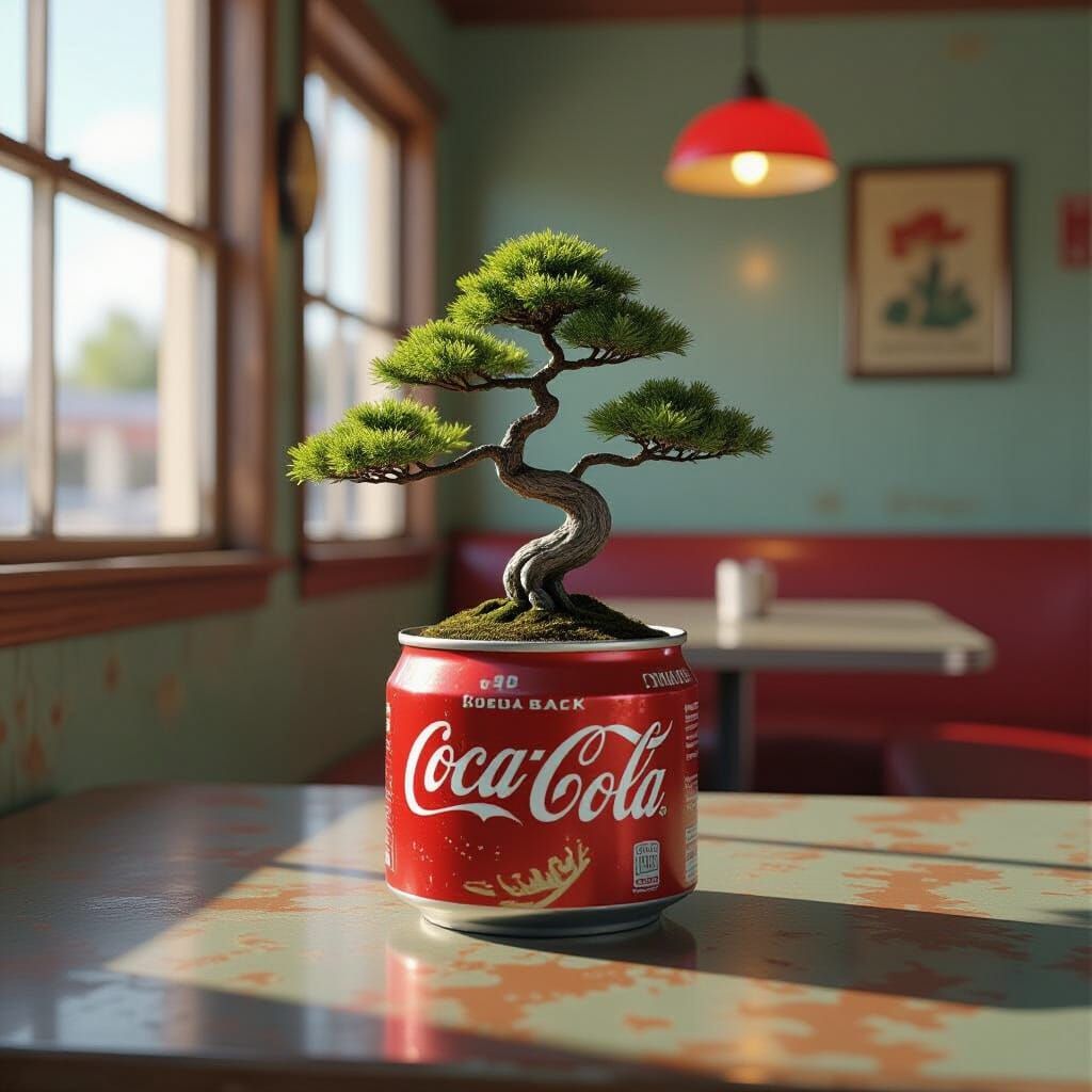 Bonsai Tree Growing in Coca-Cola Can, Matte Painting