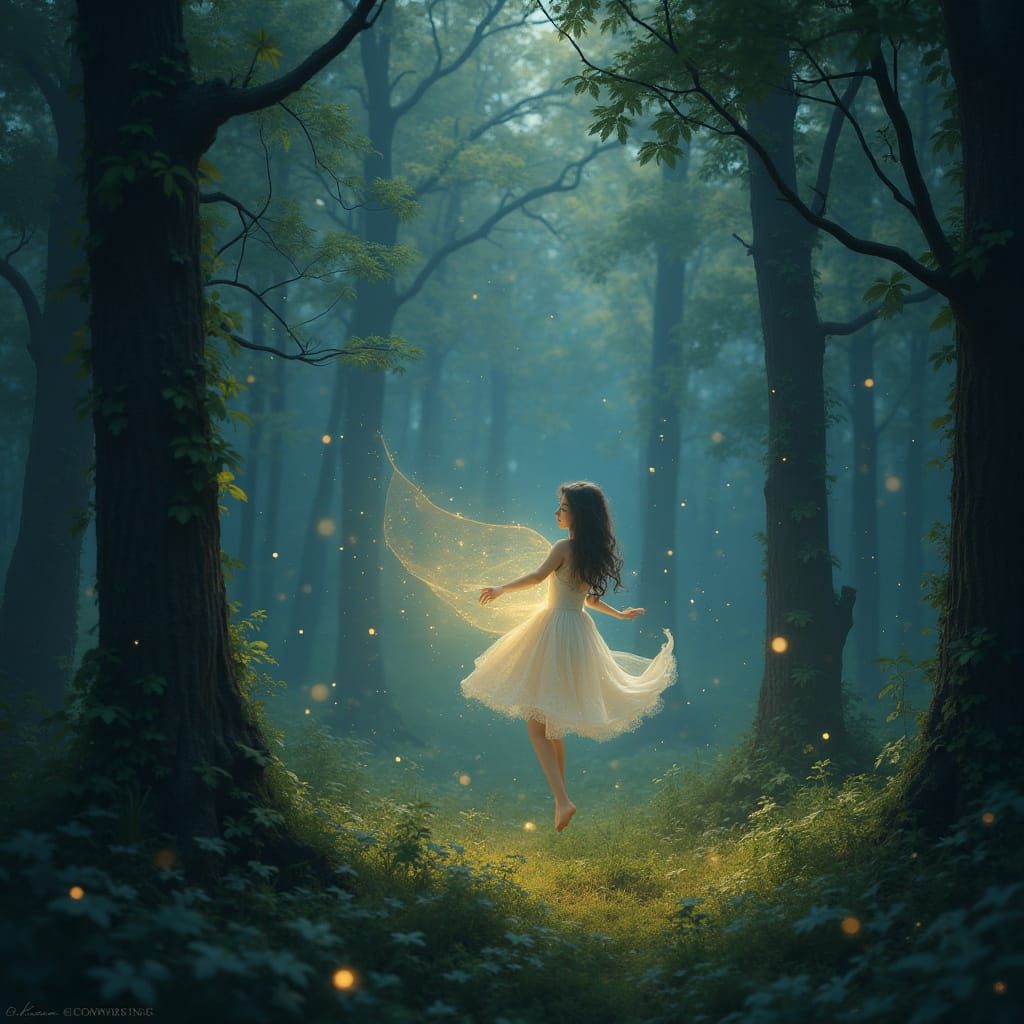 Ethereal Wisps Dancing in Mystical Forest