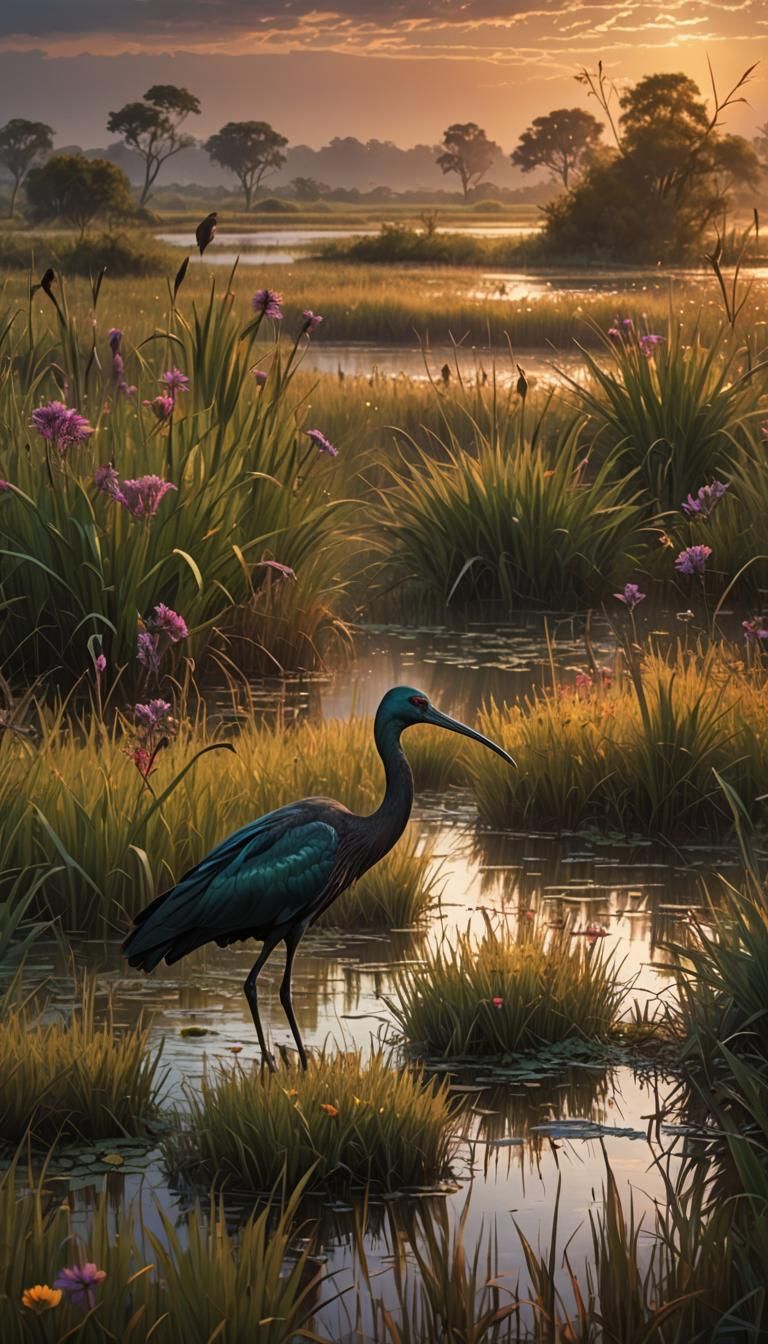 Glossy Ibis in Marsh at Sunset
