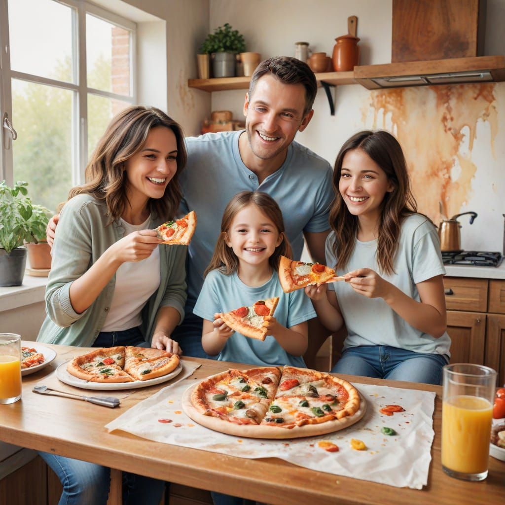 Family Pizza Night in Watercolor