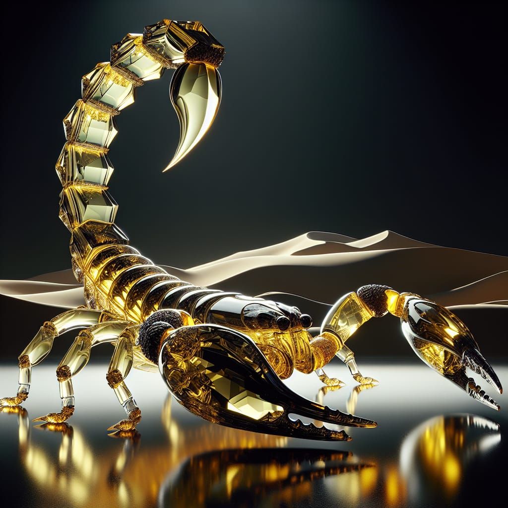 Crystal Glass Scorpion in Sahara Desert, 3D Render