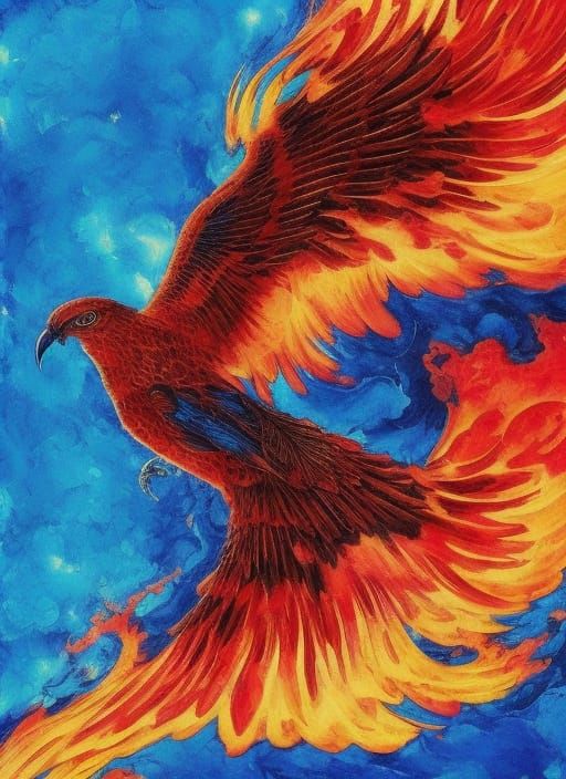 Fiery Phoenix Bird in Flight: Detailed Gouache Illustration