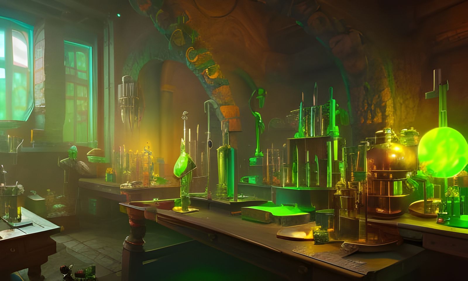 Triumphant Alchemist in Glowing Lab: Fantasy Concept Art