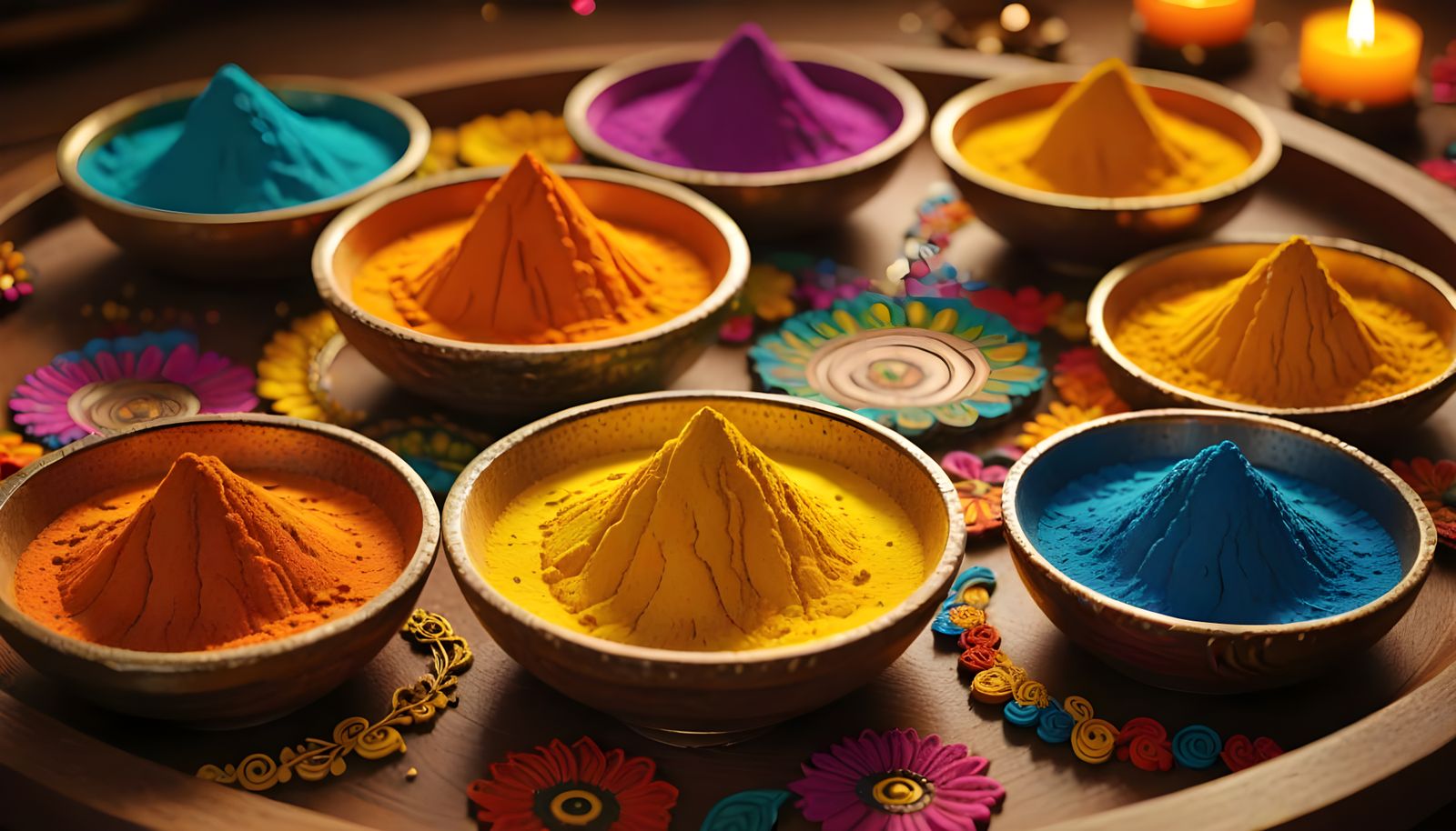 Vibrant Rangoli Powder Display on Wooden Tray