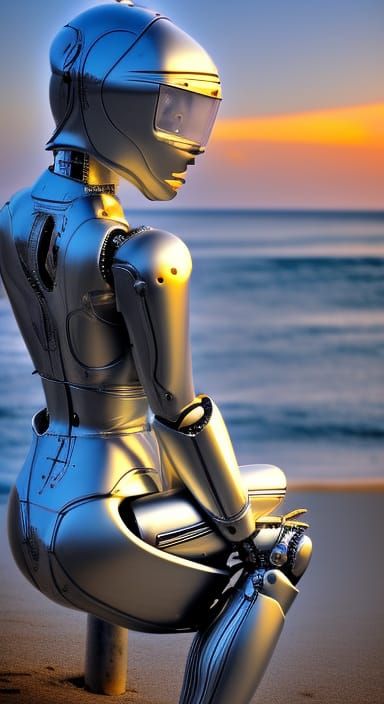 Chrome Robot Girl at Sunset, Hyperrealistic