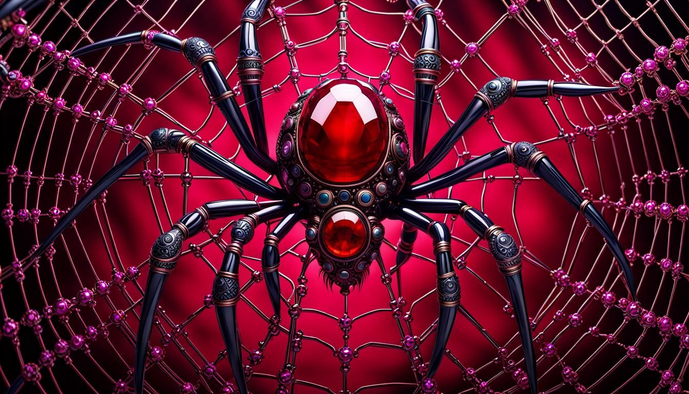 Steampunk Spider in Ruby Fractal Web