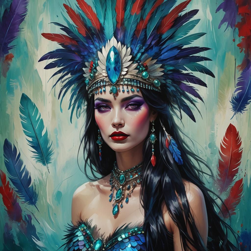 Glass-Skinned Woman in Feathered Headdress: Oil Painting