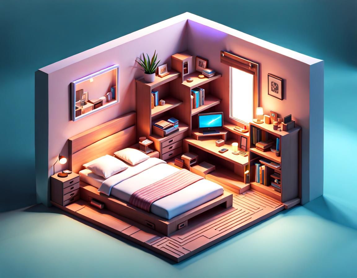 Isometric Bedroom in Cutaway Box, Borderlands Style