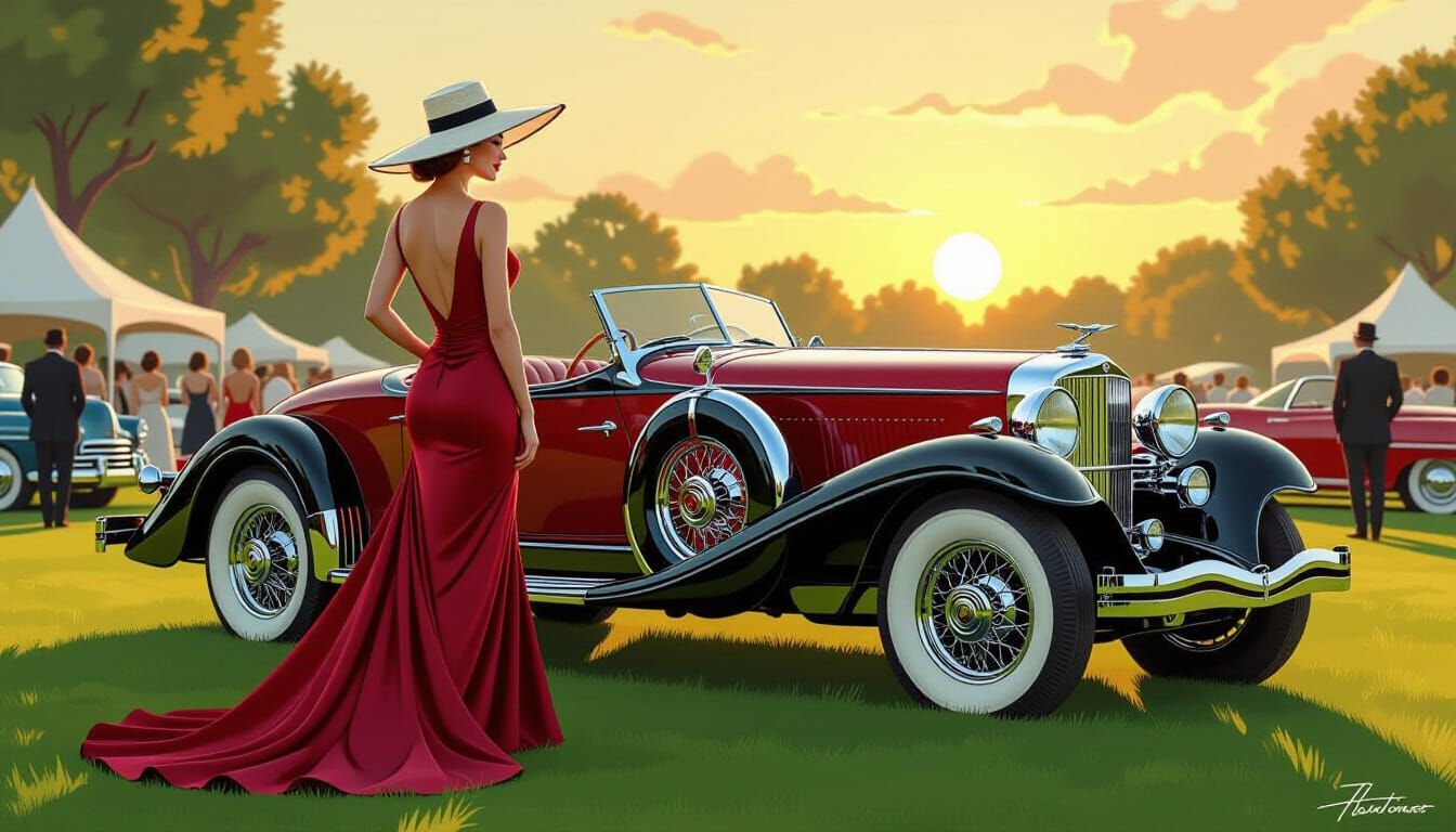 Elegant Woman and 1935 Auburn Speedster at Sunset