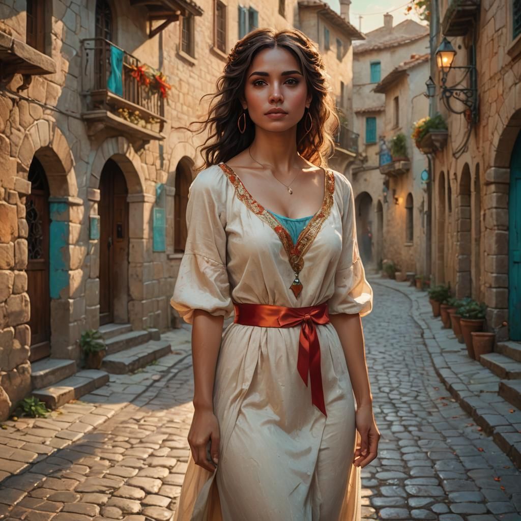 Latina Woman in Cream Dress, Art Nouveau Style