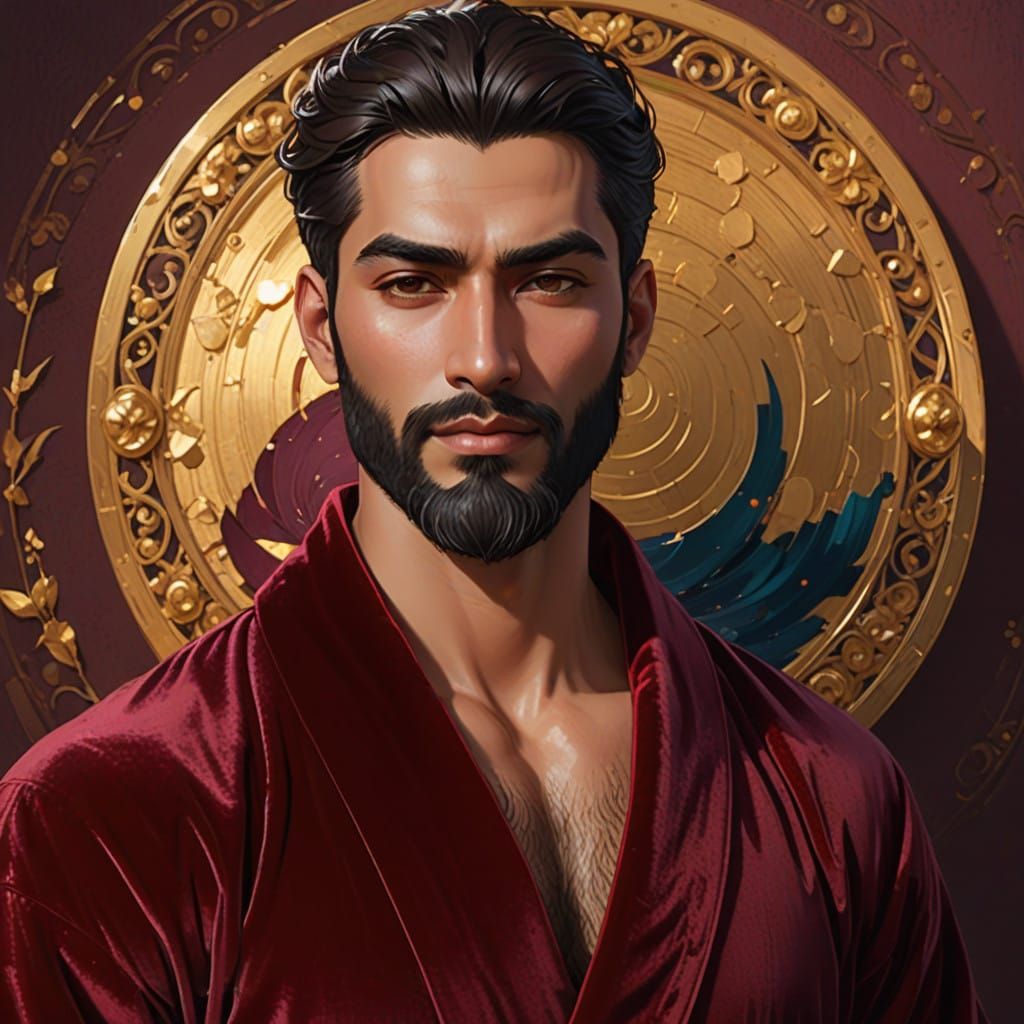 Elegant Man in Velvet Robe, Inspired by Klimt's Vibrant Colo...
