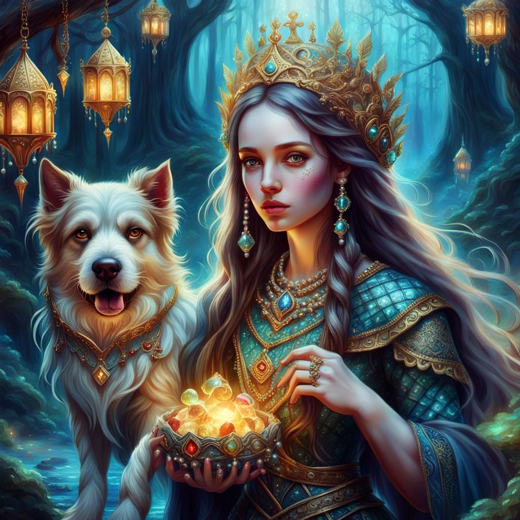 Fantasy Woman with Dog in Mystical Forest