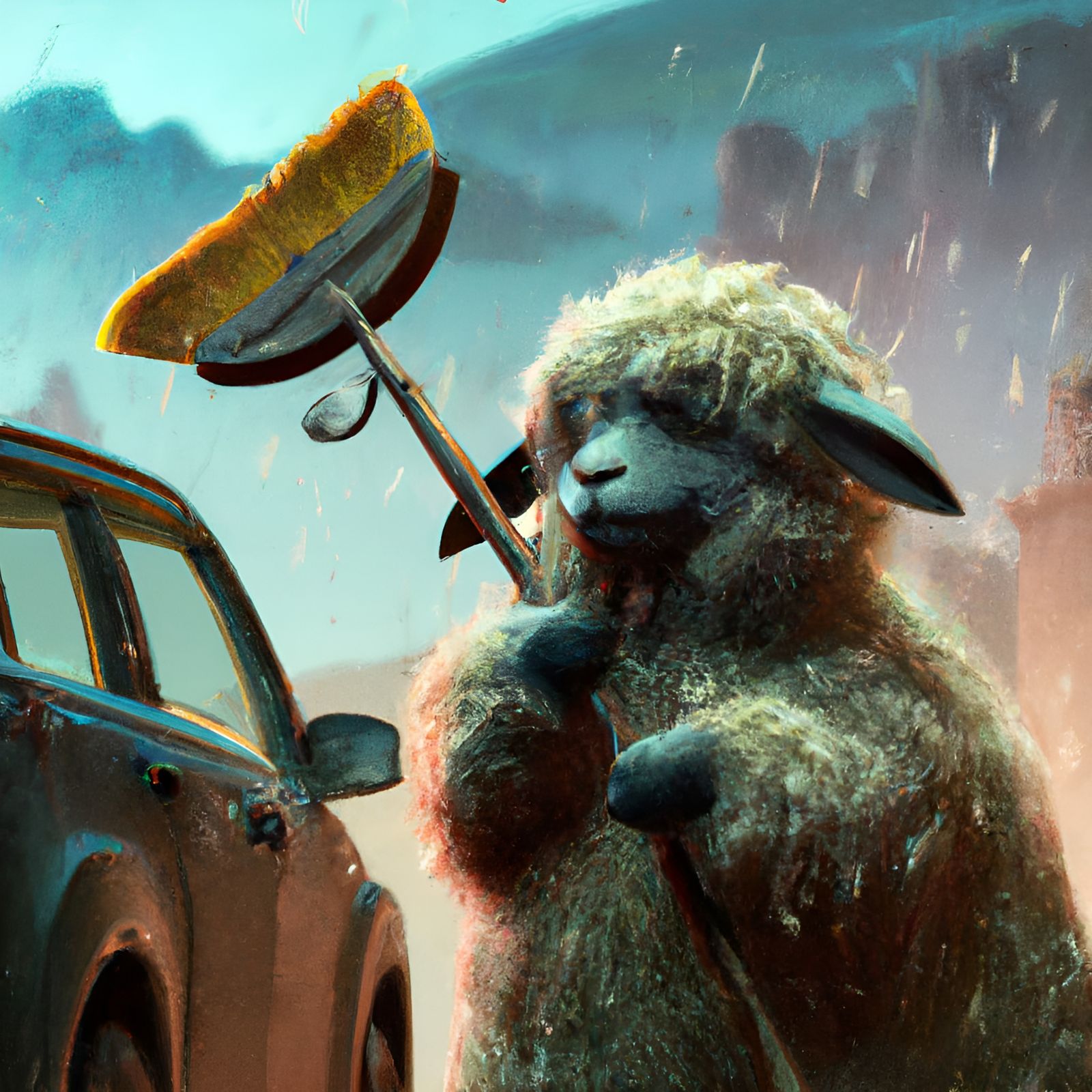 Sheep in Jeep Sweeping Rain, 3D Rendered