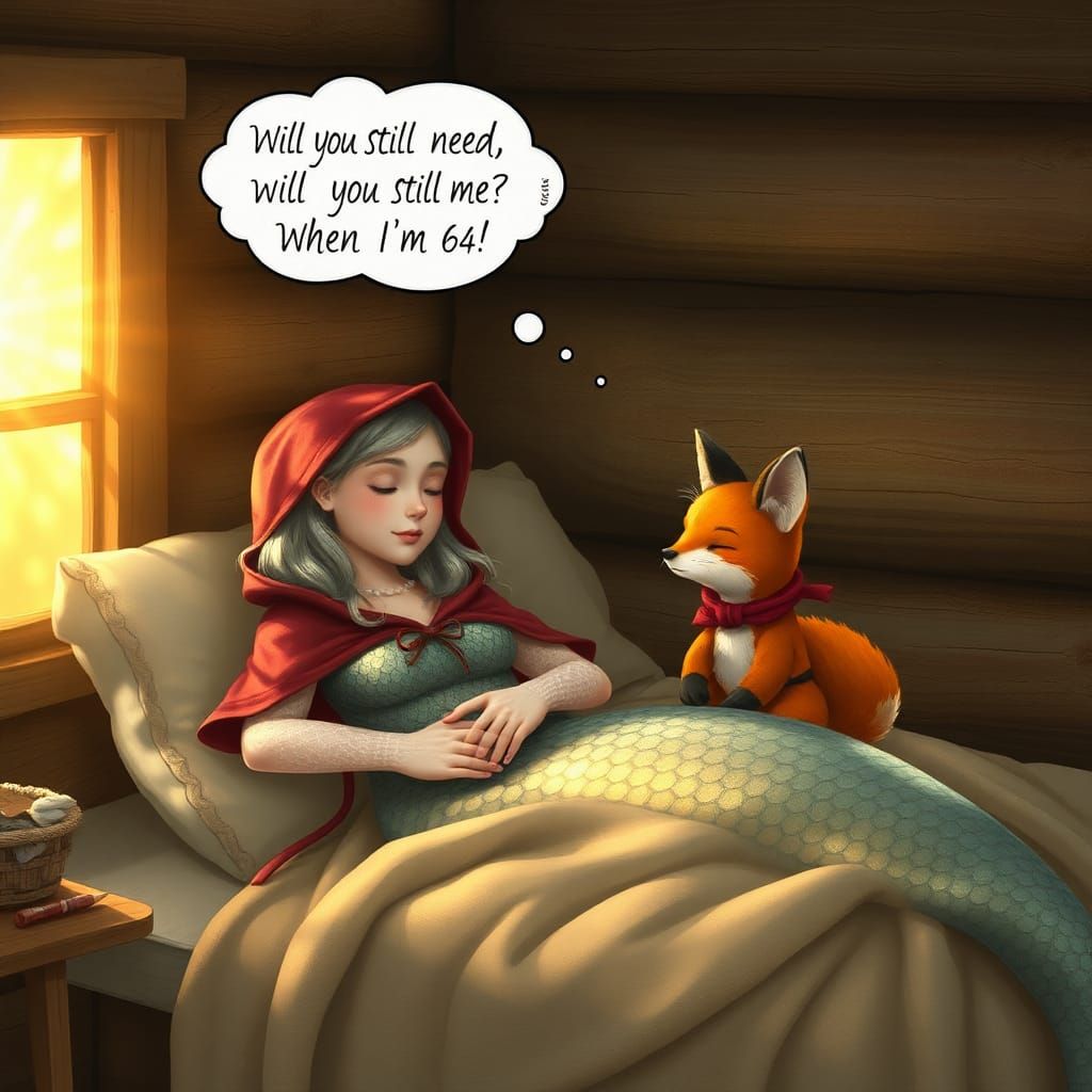 Mermaid Grandmother and Fox in Cozy Cabin