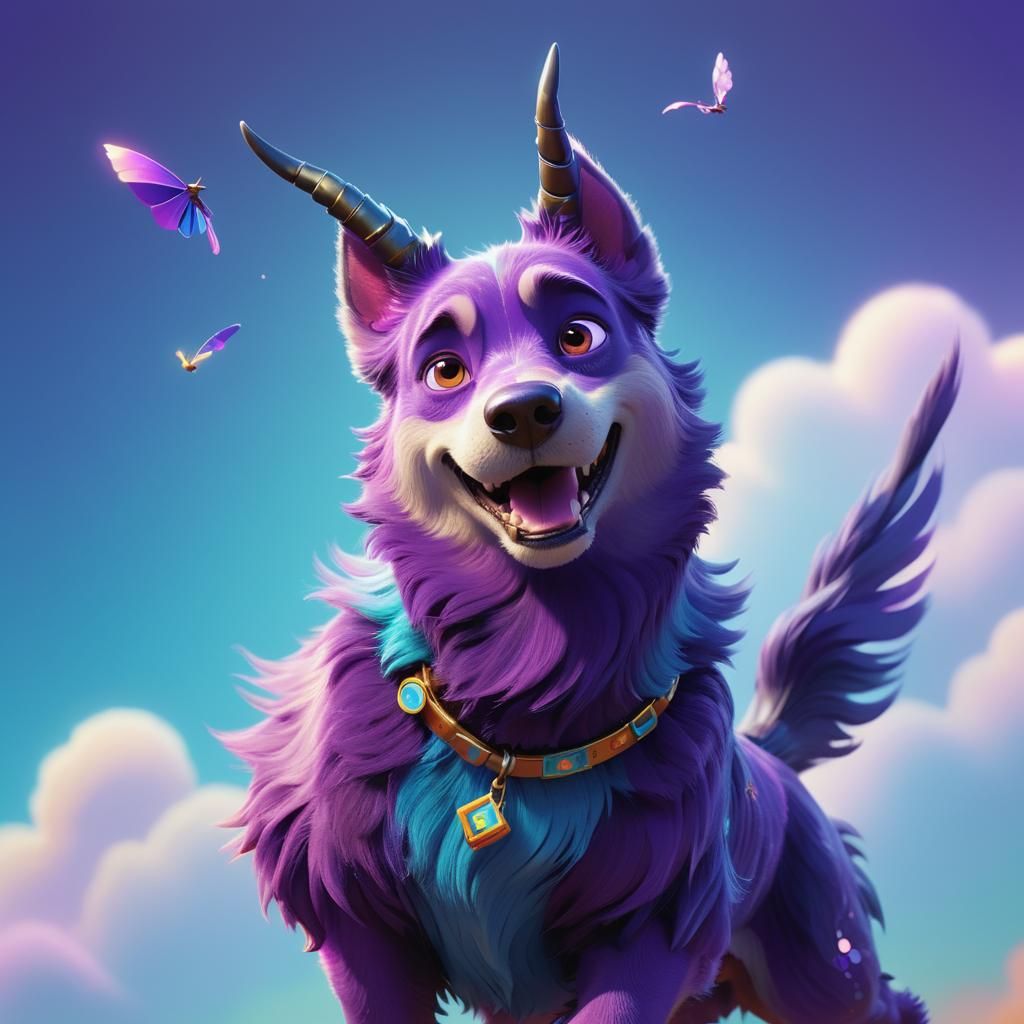 Playful Purple Horned Dog in Pixar-Inspired 3D Art