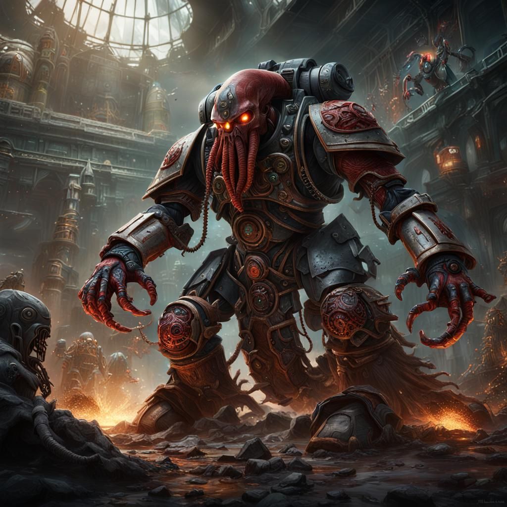 Tech Priest Battles Cyborg Cthulhu in Cyberpunk Style