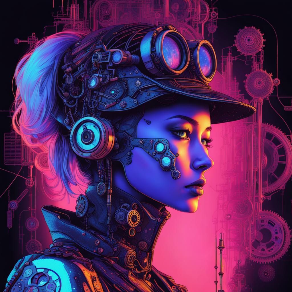 Futuristic Steampunk Girl in Blacklight Colors