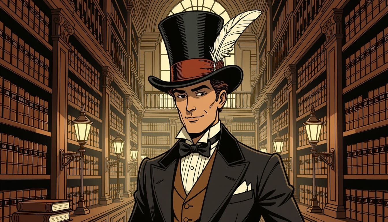 Dapper Gentleman with Book Hat in Vintage Library