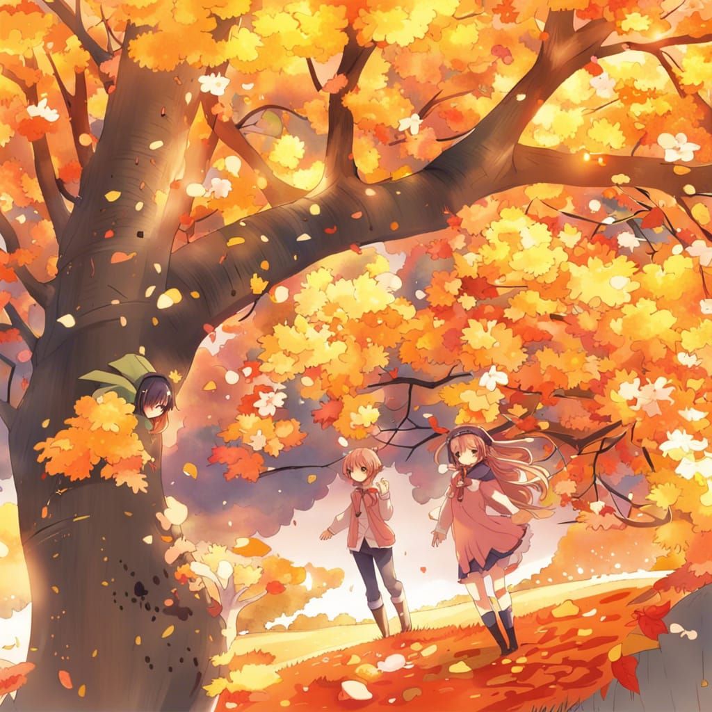 Blooming Autumn Tree in Anime Style