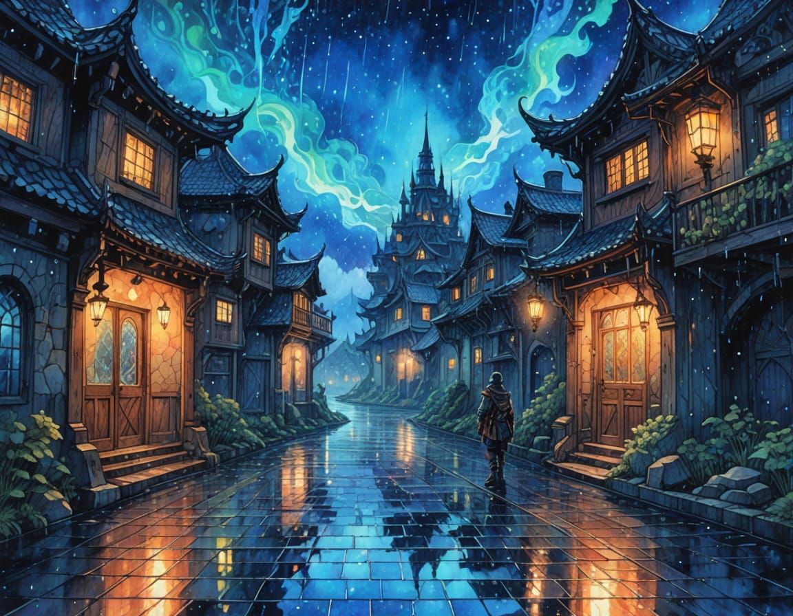 Warrior Overlooking Magical Realm in Ethereal Watercolor Sty...