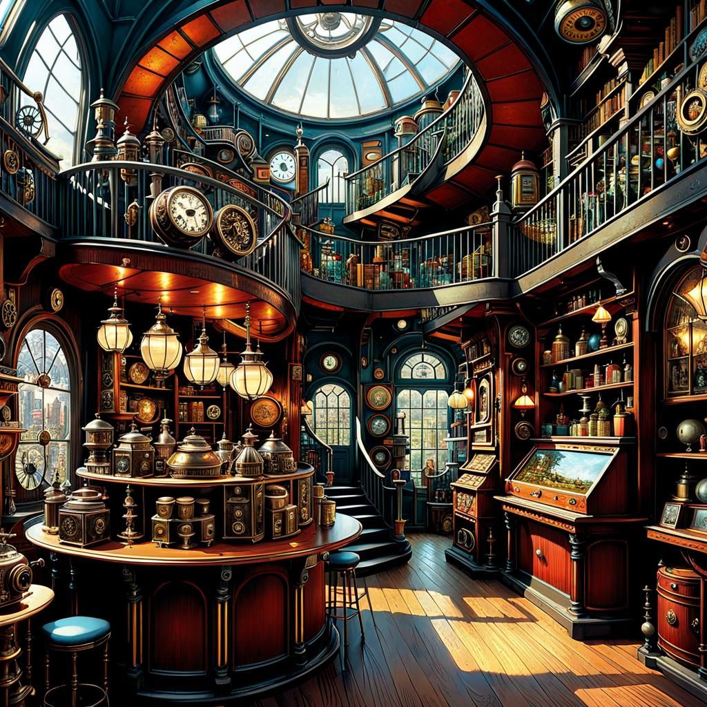 Intricate Steampunk Curiosity Shop Interior in Oil Painting ...
