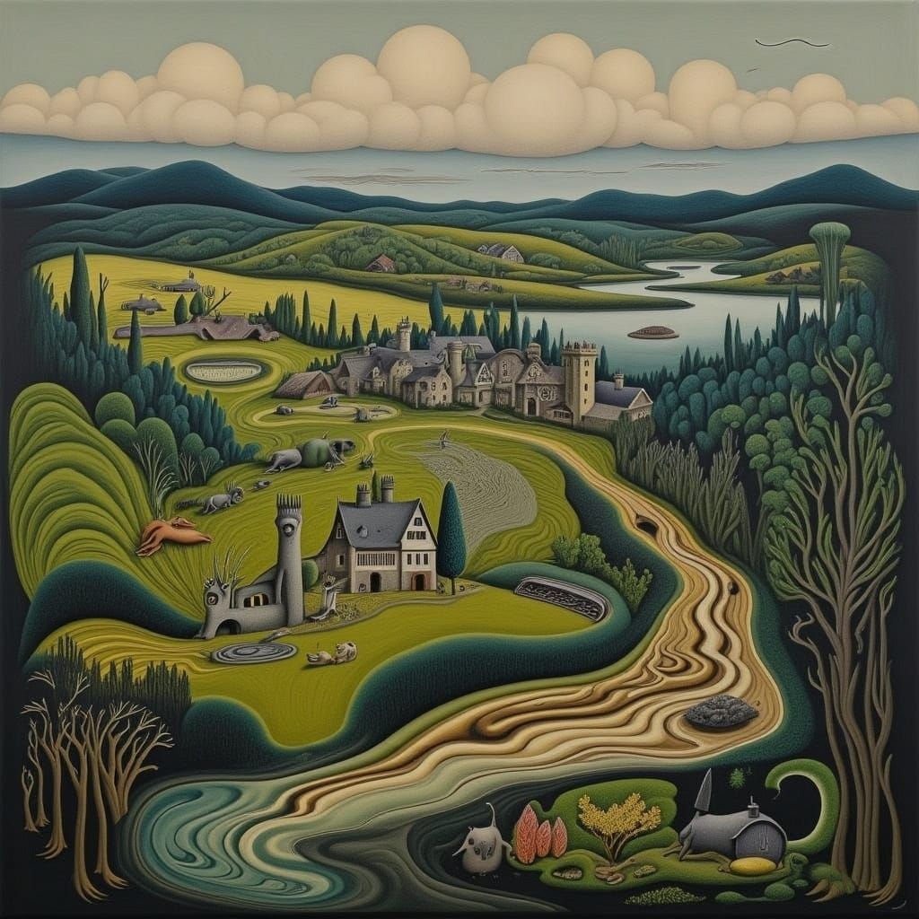 Idyllic English Village Landscape in Pre-Raphaelite Style