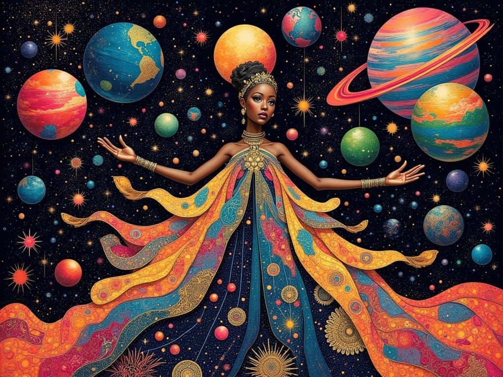 Majestic Black Woman Spreading Cosmic Blanket Over Galaxy