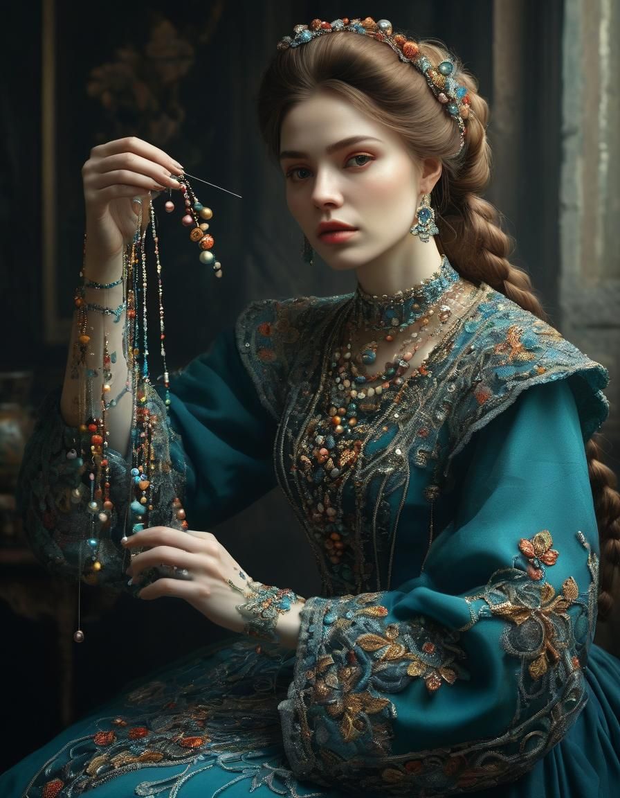 Needlewoman Girl Throws Beads with Filigree Detail