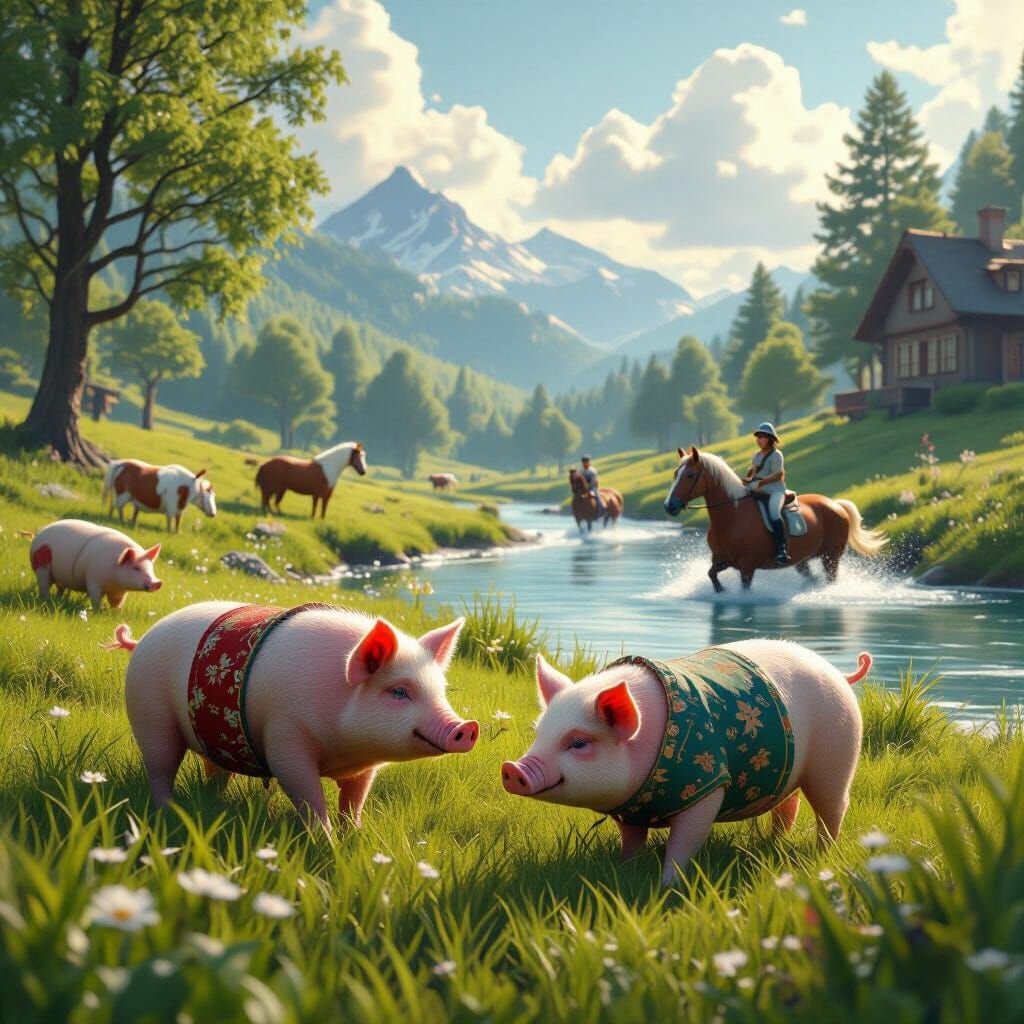 Pigs, Cows, and Horses in a Fantasy Landscape