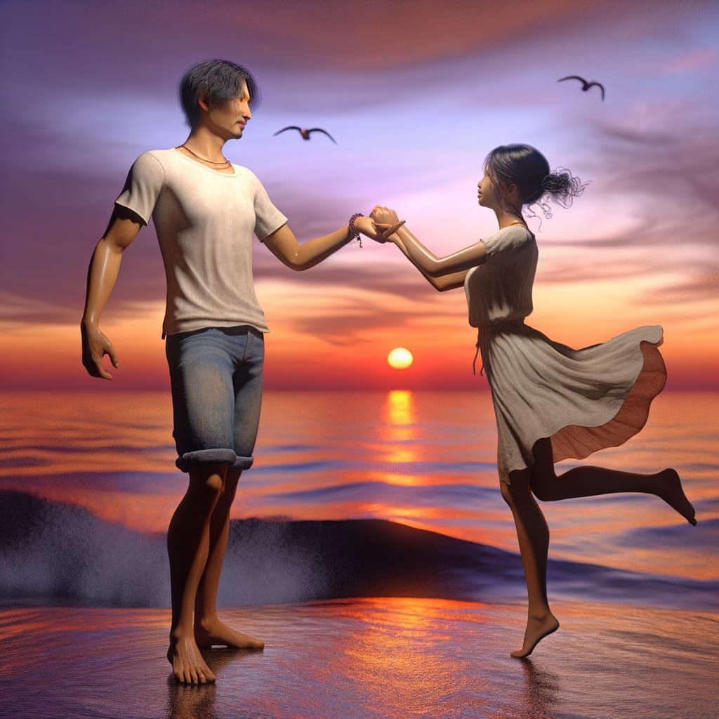 Romantic Sunset Seaside Scene with Silhouetted Couple