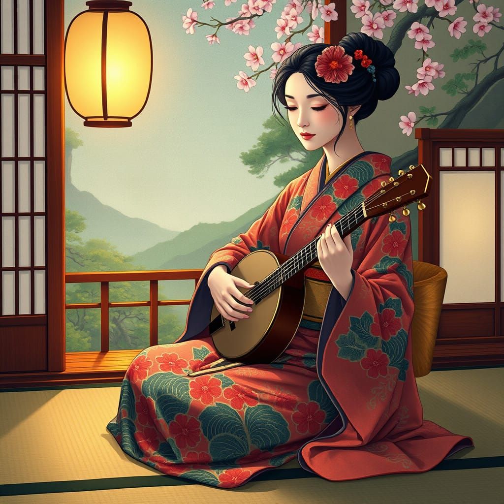 Woman in Kimono Playing Banjo in Dreamy Japanese Landscape