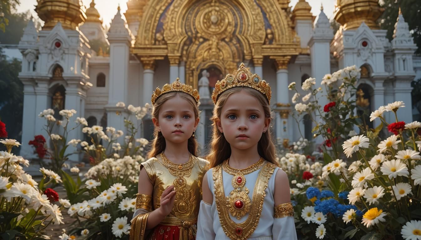 Girl Worships at Golden Durga Temple: Realistic Art