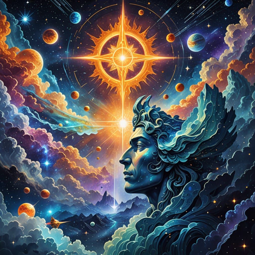 Surreal Cosmic God Unfolds Across Celestial Realms