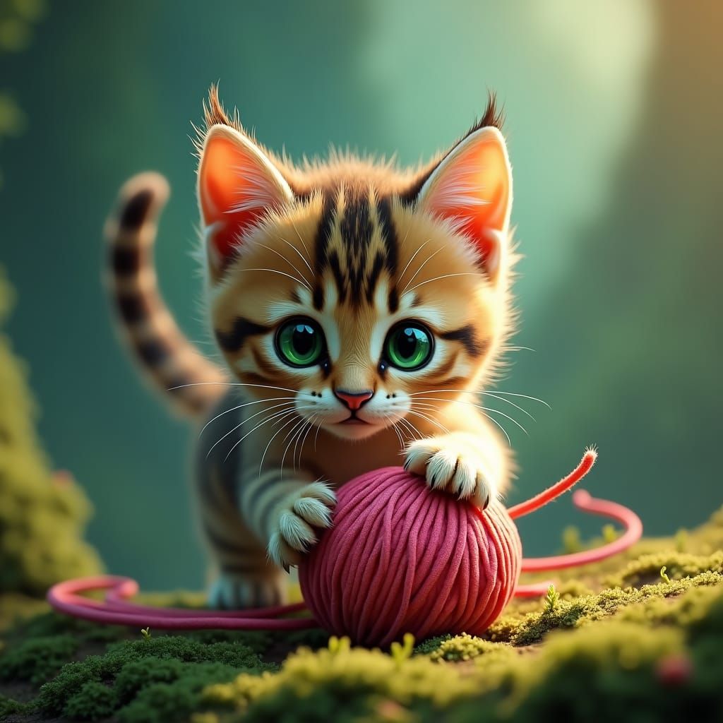 Emerald-Eyed Kitten Pouncing: Dreamlike Digital Art