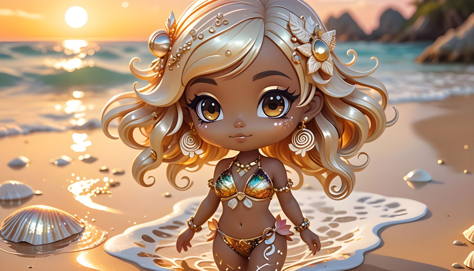 Chibi Girl on Enchanted Beach: Fantasy Illustration