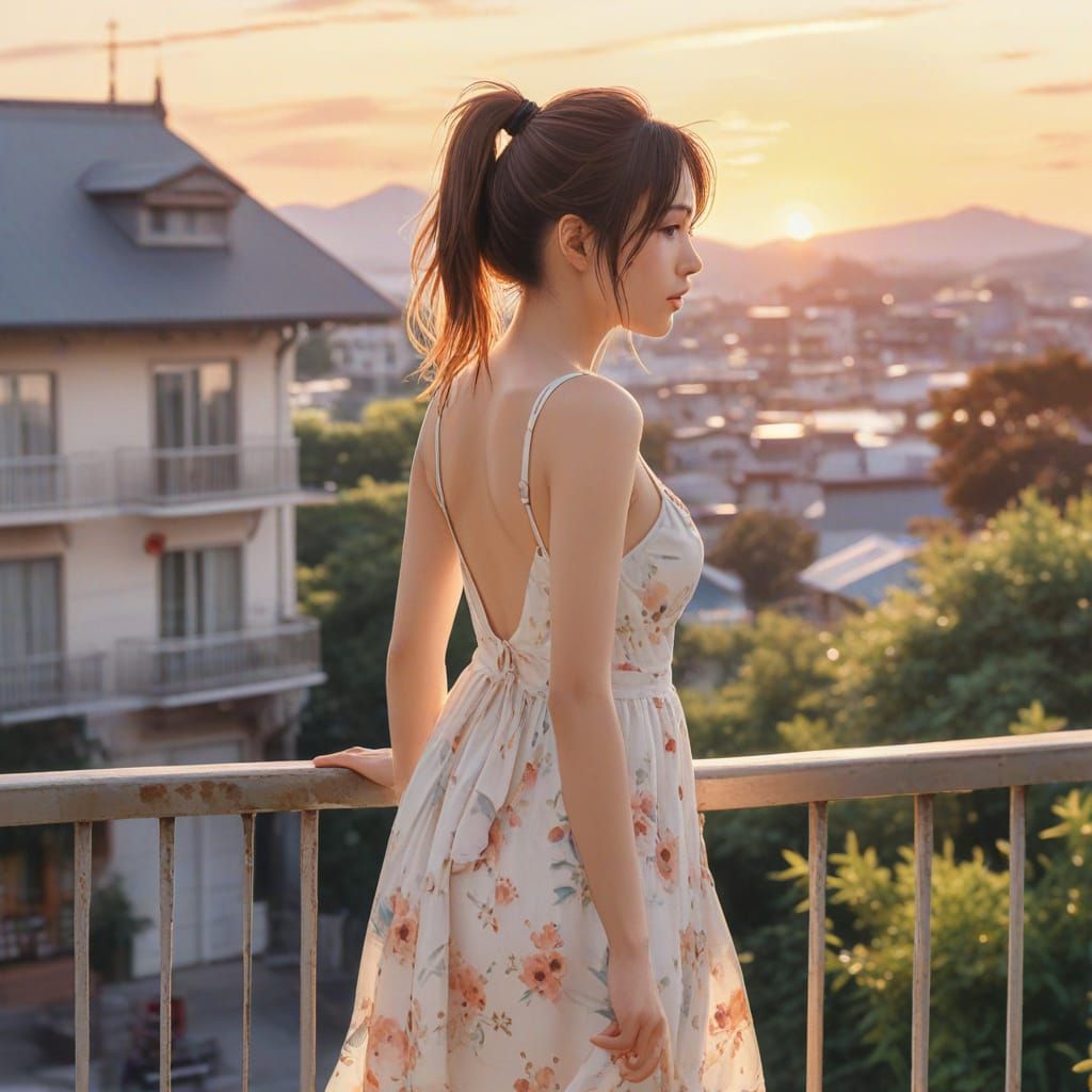 Anime Girl in Soft Watercolor Sunset