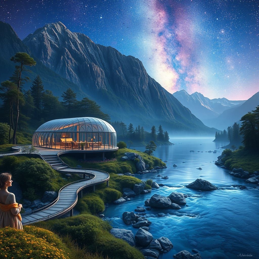 Woman by Glass Dome House Under Milky Way