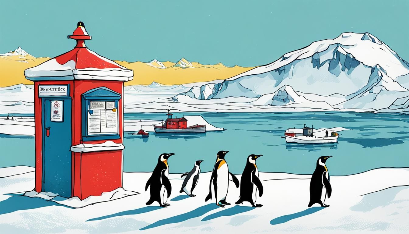 Whimsical Ink Poster of Penguins at Antarctic Post Office