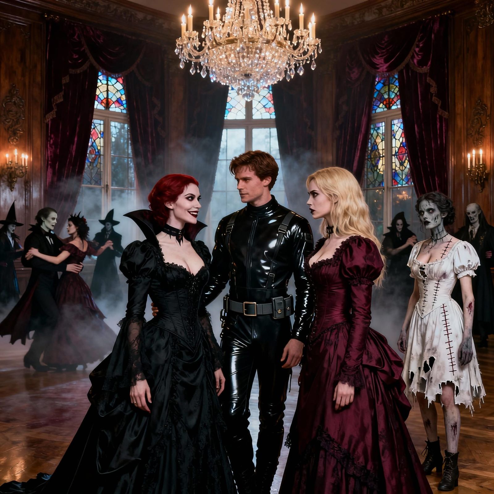 Gothic Ballroom Scene with Vampires and Steampunk Reanimated...