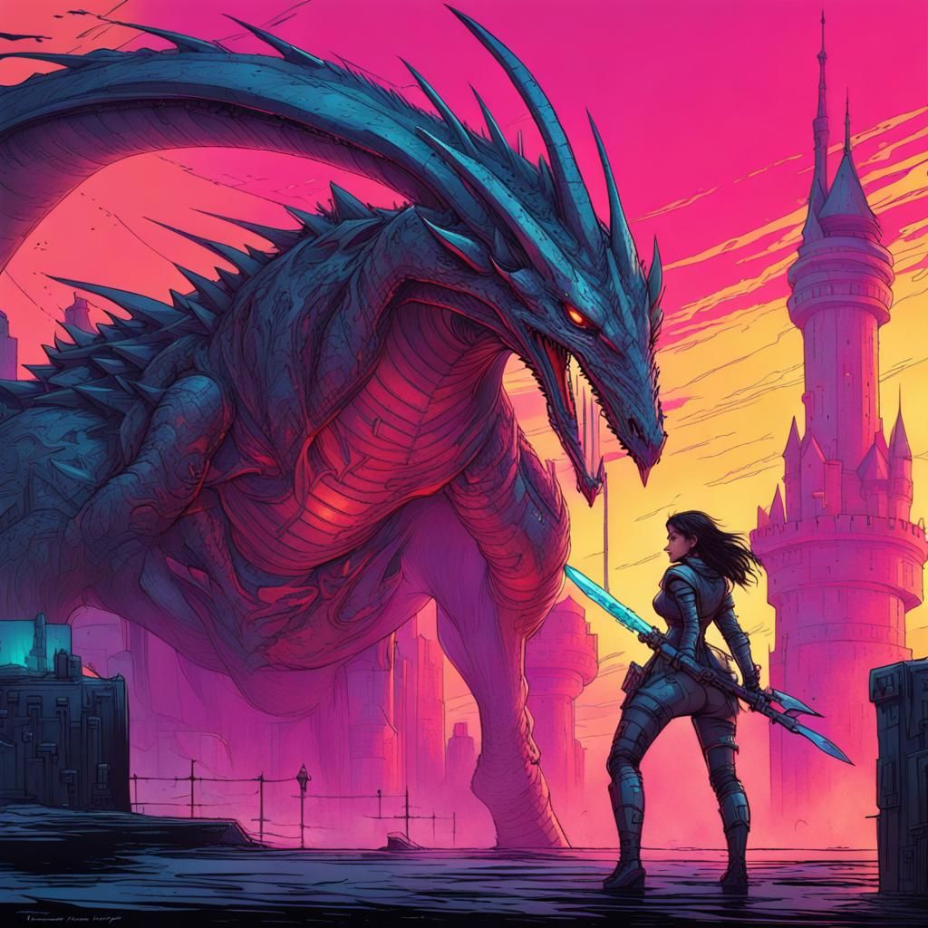 Female Knight Dragon Battle in Cyberpunk Style