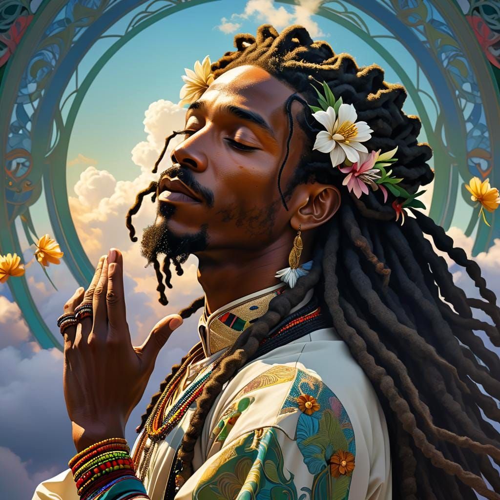 A Whimsical Black Rastafarian Man in Ecstatic Reverence