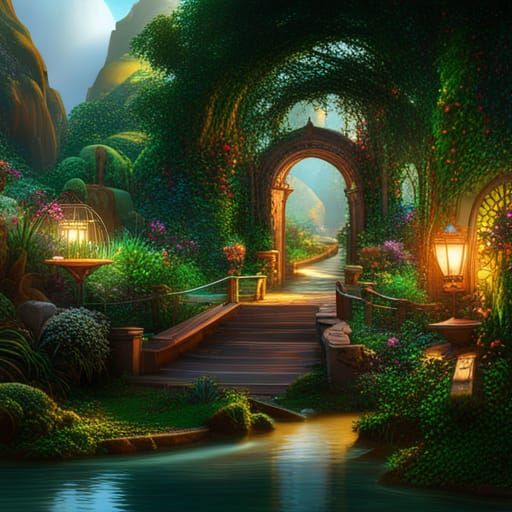 Garden Paradise with River Bridges in Matte Painting Style