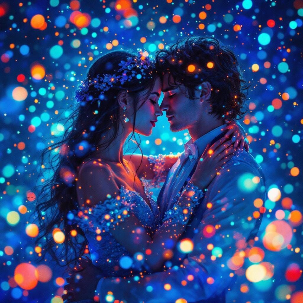 Elegant Couple Embracing in Bioluminescent Setting