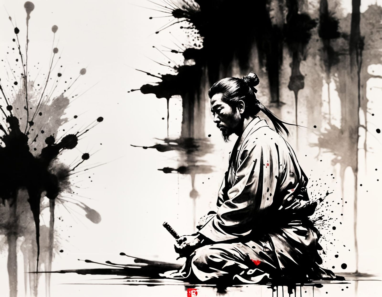 Samurai in Meditation: Sumi-e Ink Splatter