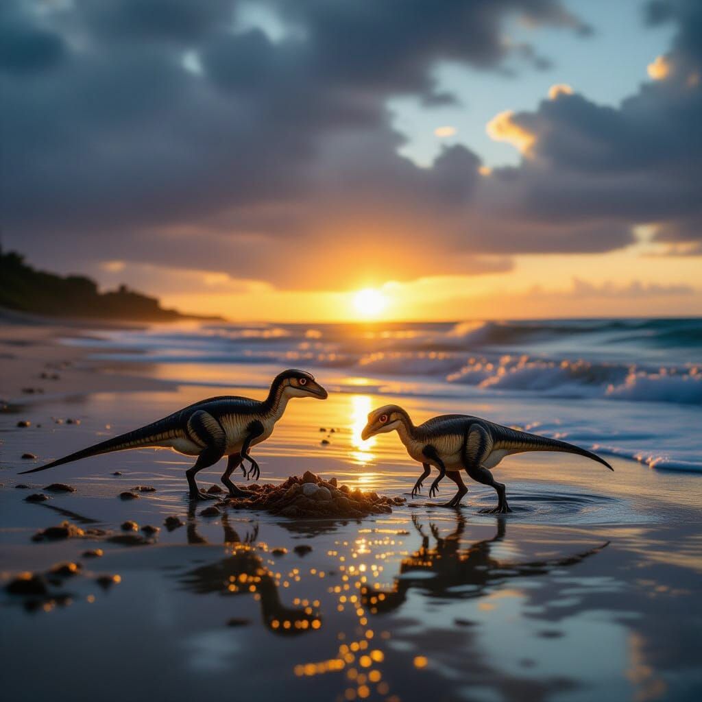 Compsognathus Forages on Beach in Golden Light