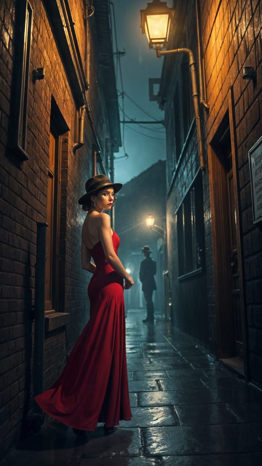 Film Noir Detective Meeting in Rainy Alley