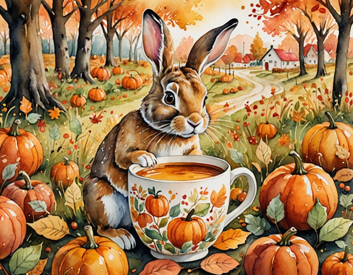 Rabbit Enjoying Cider: Whimsical Watercolor Autumn Scene