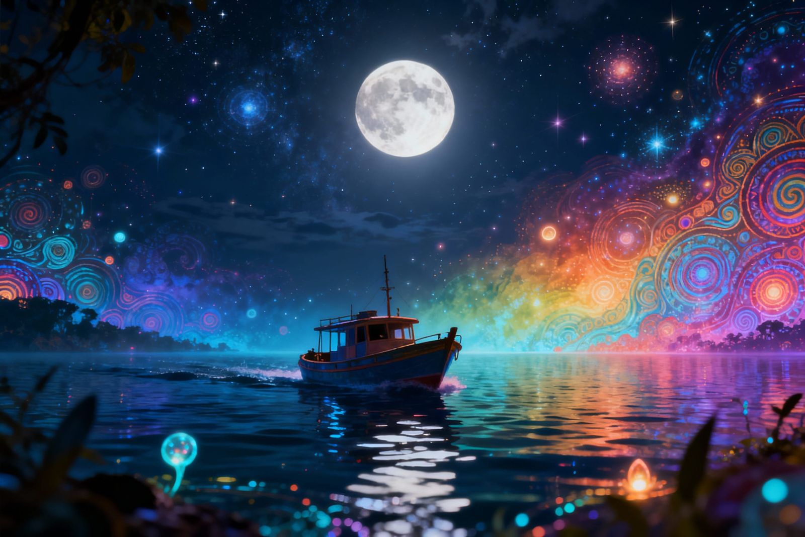 Mysterious Holographic Boat Under Moonlit Night Sky