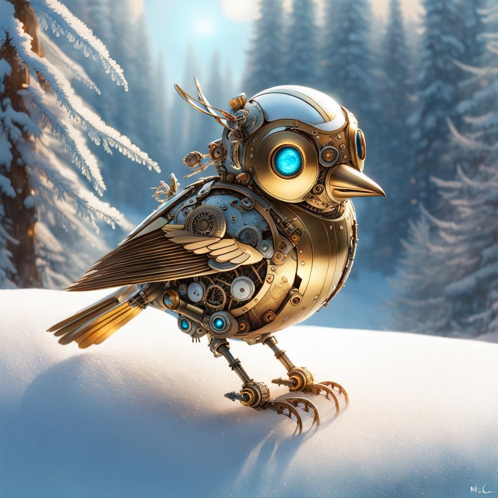 Steampunk Robot Songbird on Frosty Branch