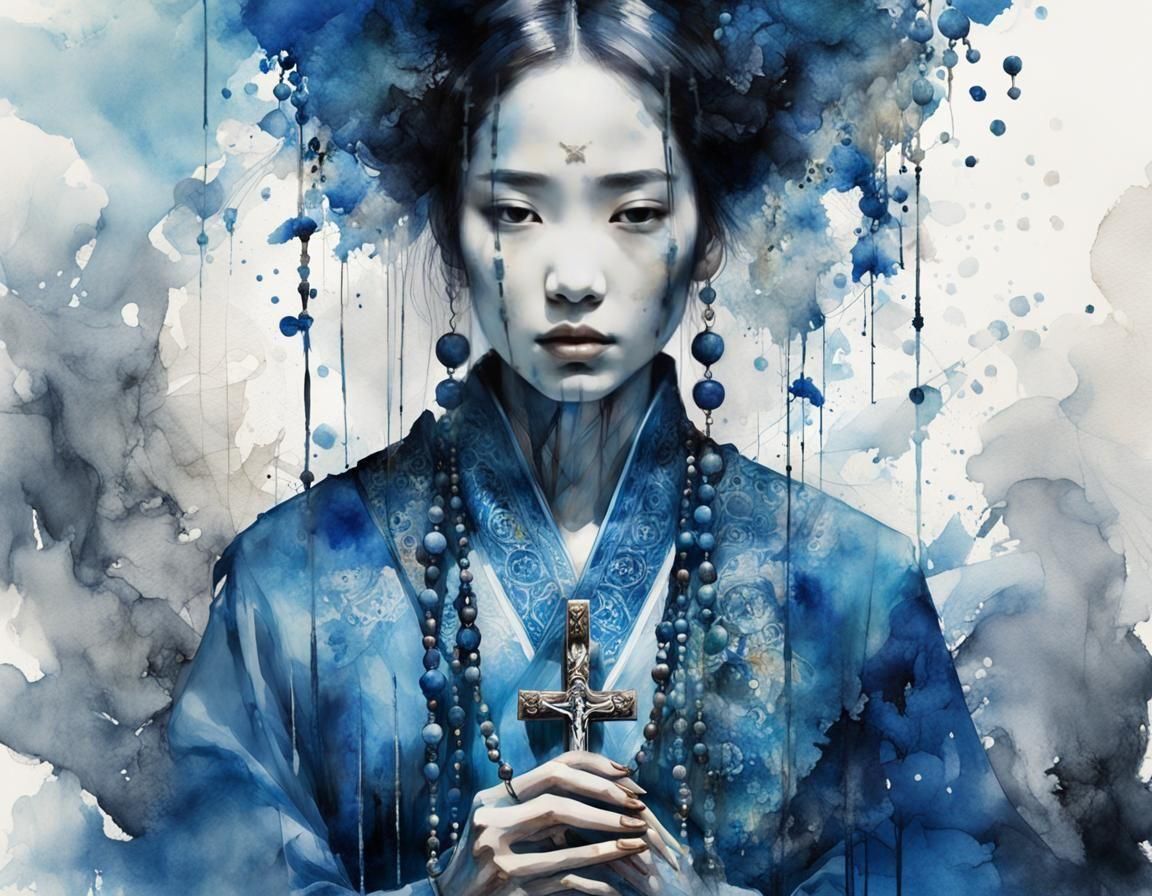 Woman in Blue Holding Rosary: Chinese Watercolor